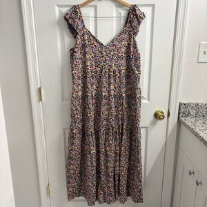Old Navy Tiered Fit & Flare Maxi Dress XL Floral Smocked Short Sleeve Pockets